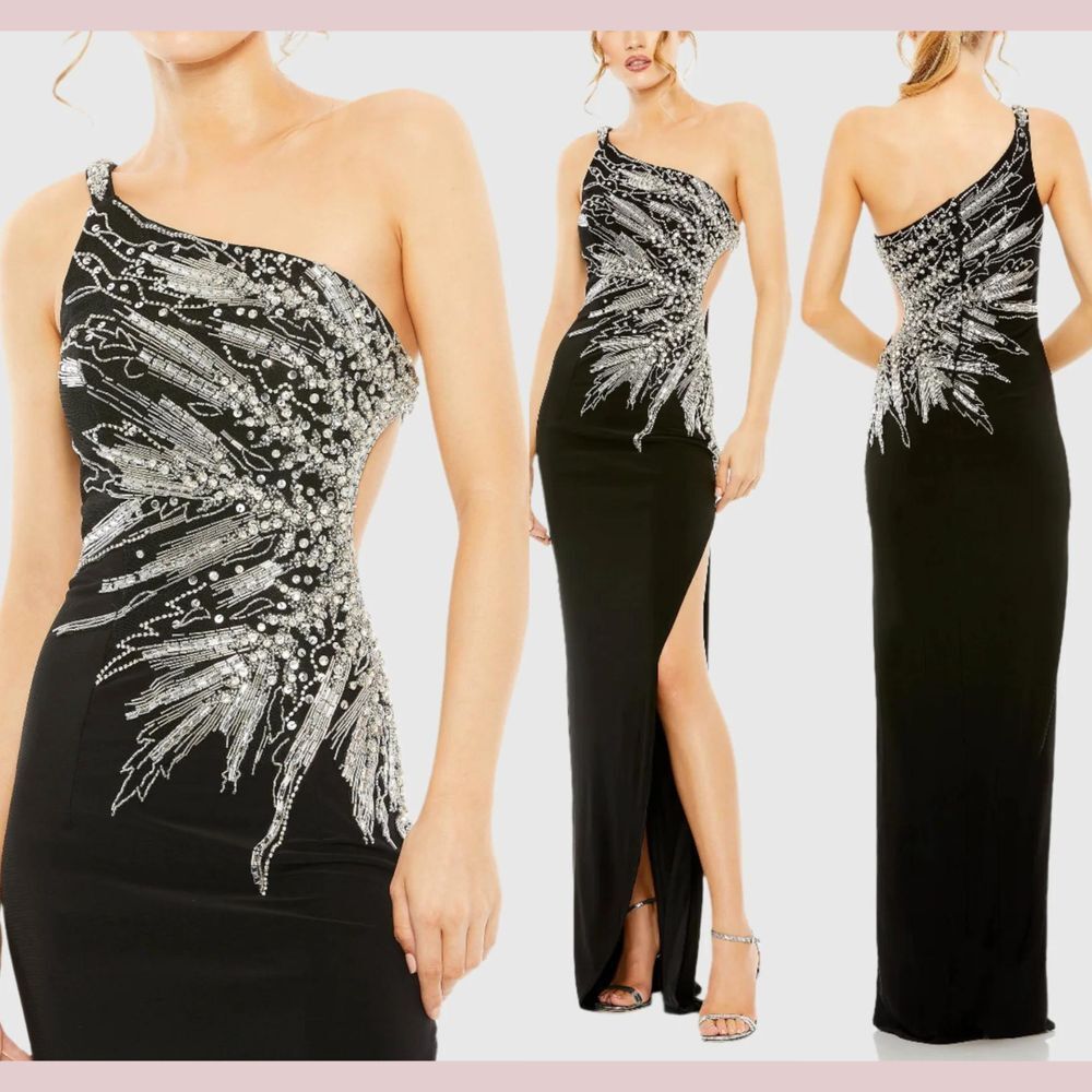NEW IEENA Mac Duggal [ 6 ] 2207 Embellished One Shoulder Cut Out Gown BLACK Silv
